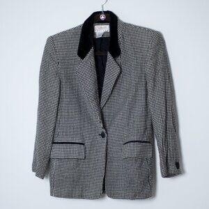 Vintage Houndstooth Blazer Velvet Collar 100% Wool 2P USA Talbots